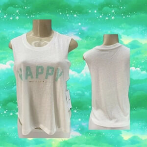 Spiritual Gangster L Eggshell Happy Statement Crew Neck Raw Edge Crop Tank Top